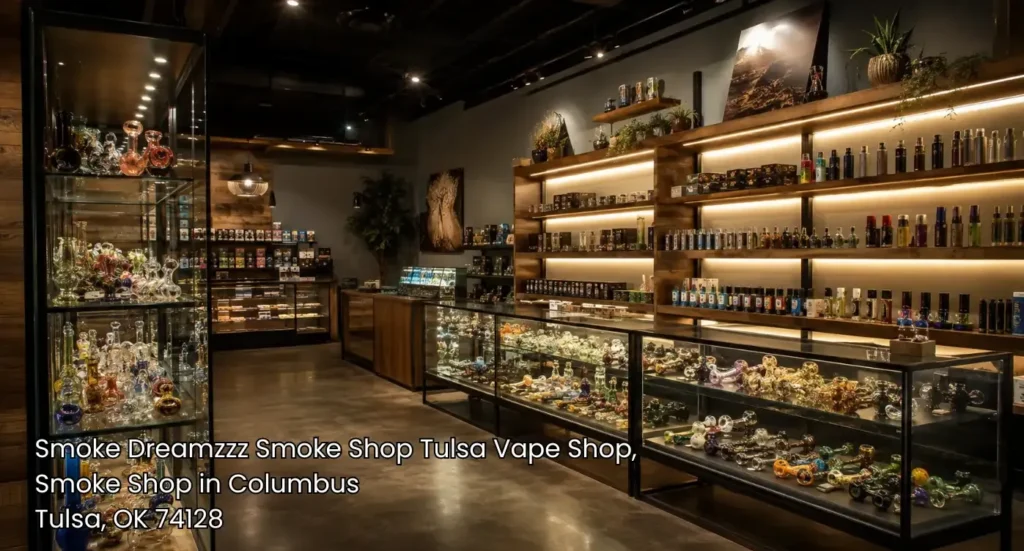 Warmly lit glass showcases and shelving lined with accessories inside a premier smoke shop tulsa.