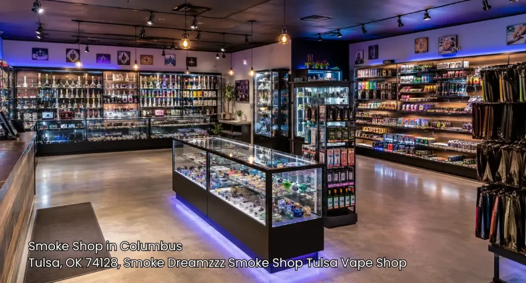 Wide interior of a modern smoke shop tulsa location featuring glass display cases and wall shelves.
