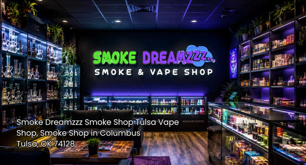 Modern Smoke Dreamzzz smoke shop Tulsa interior with illuminated displays, glassware, vape products, and lounge seating.