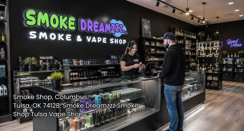 Friendly smoke shop Tulsa employee helping a customer choose vape products inside a modern, well-stocked retail shop.