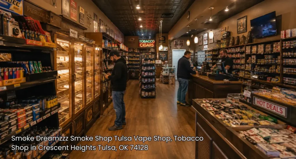 Wide aisle with glass humidors and accessories inside a fully stocked tobacco shop Tulsa locals prefer to visit.