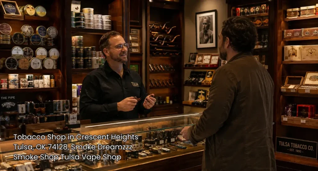 Friendly staff helping a customer at the sales counter inside a top-rated cigarette shop Tulsa residents trust.