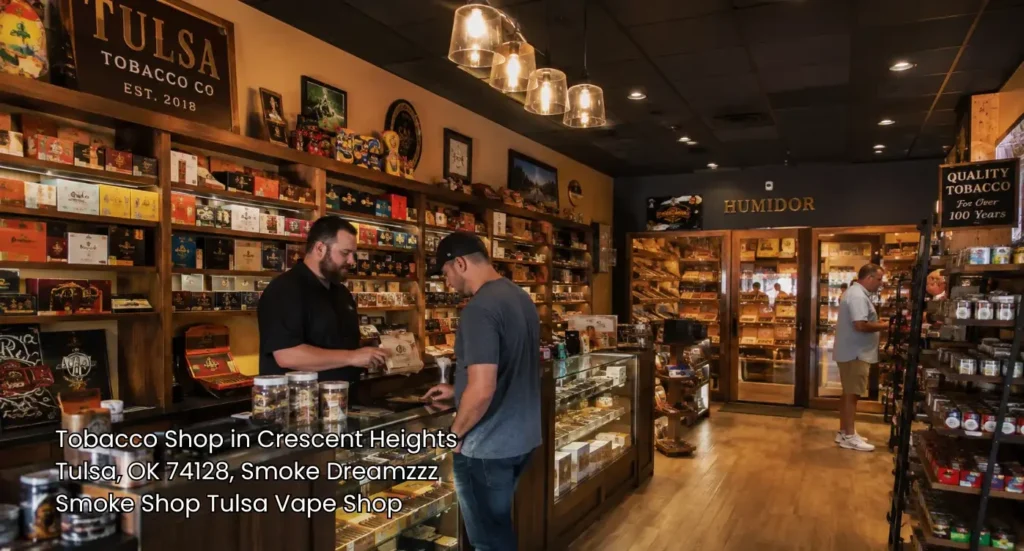 Customer browsing premium cigars and products inside a premier tobacco shop Tulsa offers for local smokers.