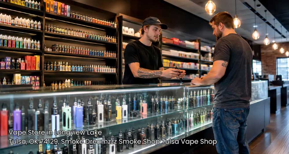 Helpful employee demonstrating e-cigarette devices to a customer at a popular vape store tulsa counter.