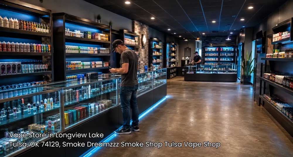 Customer browsing modern display cases and shelving inside a fully stocked vape store tulsa residents visit.