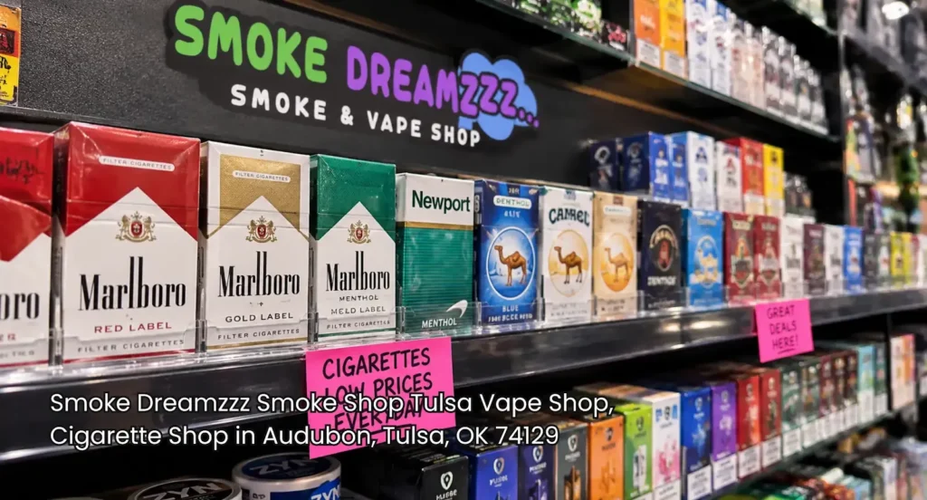 Fully stocked display shelves of brand name cigarette packs and vapes at a premier cigarette shop Tulsa store.