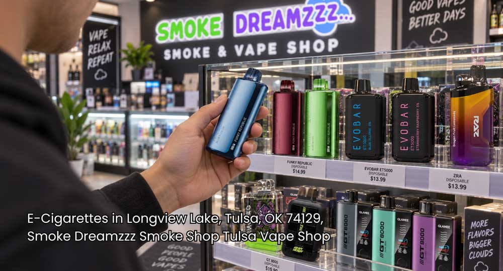 Customer examining a blue vape device at a glass display case offering e-cigarettes Tulsa vape shop products.