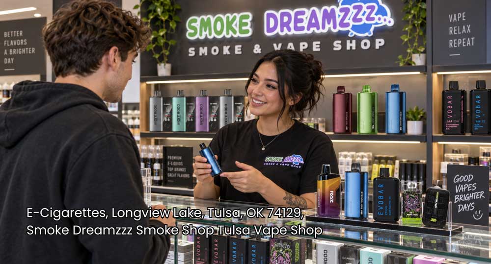 Friendly shop clerk showing e-cigarettes Tulsa customers a new disposable vape device at a modern vape counter.