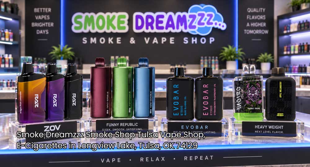 Colorful display of premium disposable vapes and e-cigarettes Tulsa products neatly arranged on a glass shelf.