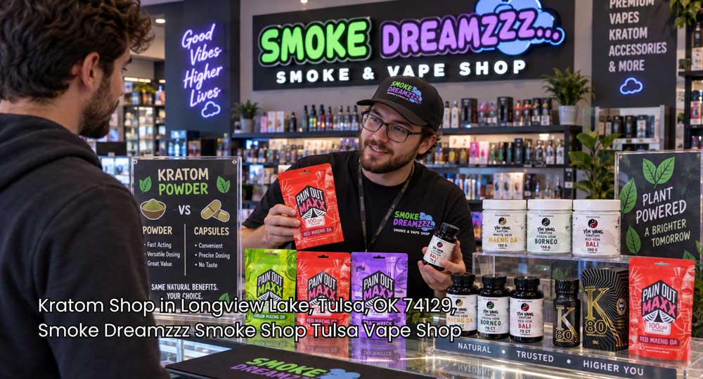 A friendly shop clerk showing kratom powder and capsule products to a customer inside a local kratom shop Tulsa.