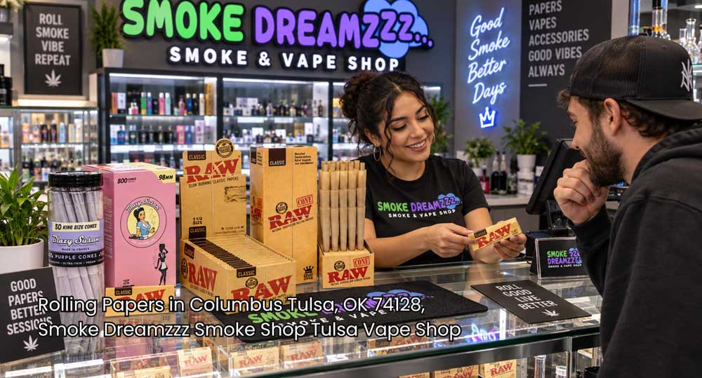 Blog banner featuring smoke shop clerk holding RAW cones and rolling papers Tulsa shop display at 1133 S Memorial.