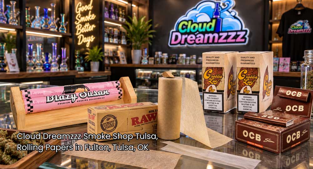 Premium collection of RAW, Blazy Susan, and OCB rolling papers in Tulsa at Cloud Dreamzzz Smoke Shop counter.