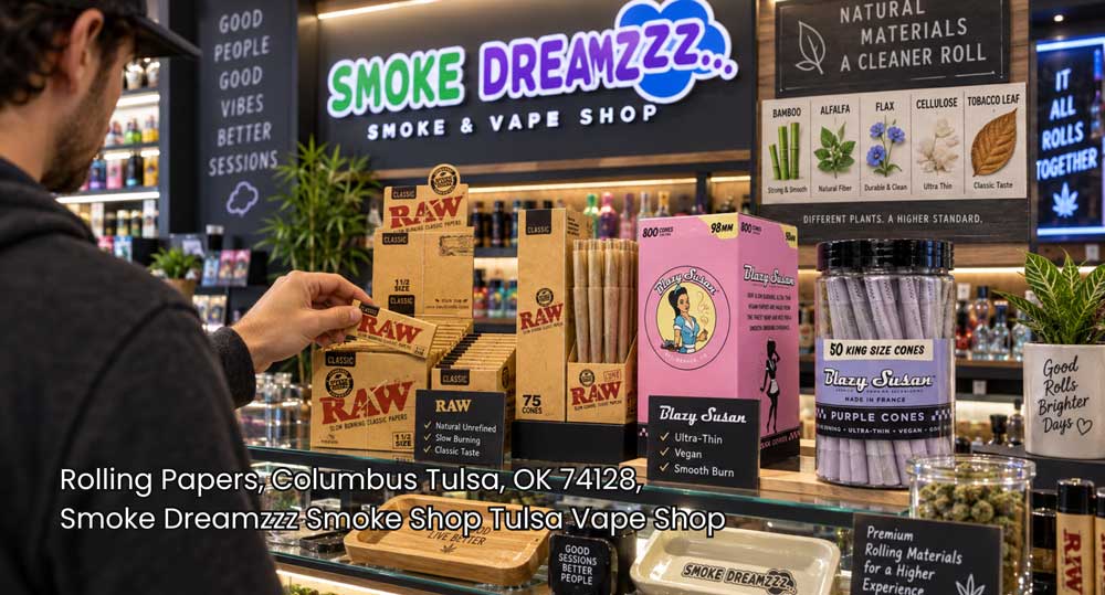 Customer selecting RAW papers from a wide collection of premium rolling papers Tulsa smoke shop displays offer.