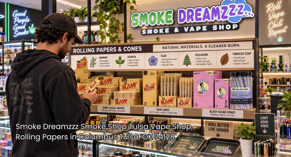 Shopper browsing a large wall selection of RAW cones and organic rolling papers Tulsa vape shop inventory offers.
