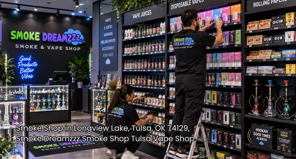 Employees rearrange vape juices and disposable products on organized shelves inside a modern smoke shop Tulsa location.