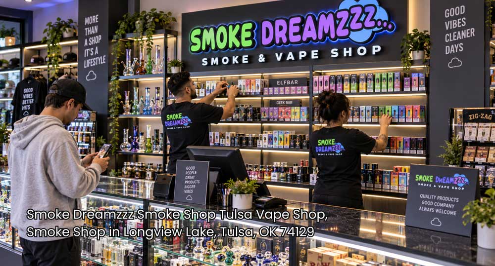 Customer browses while staff restock colorful vape and glass displays inside a modern smoke shop Tulsa retail store.
