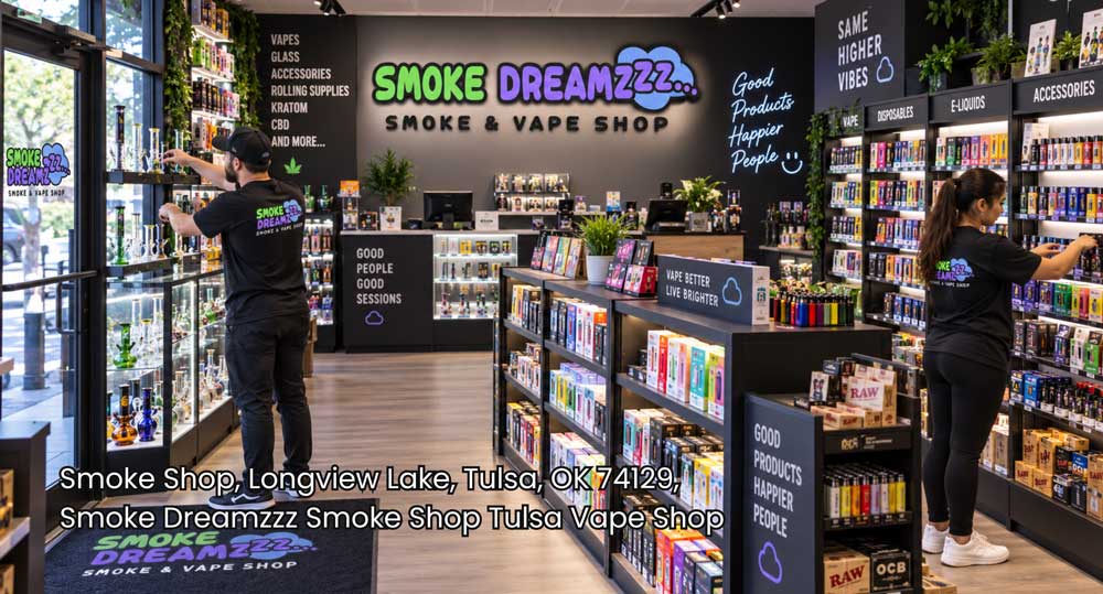 Staff organize vape, glass, and accessory displays in a bright, clean smoke shop Tulsa store with neatly stocked shelves.