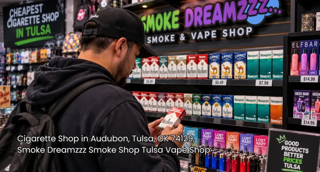Customer browsing cigarette packs and vape supplies on shelf display at local cigarette shop Tulsa location.